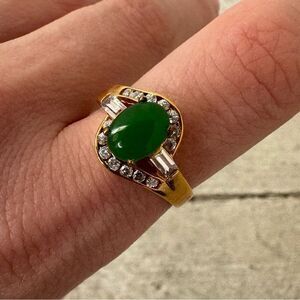 Vintage 18kGF Jade And Rhinestone Ring Lux Look